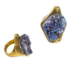 Geode style blue drusy quartz crystal goldtone statement oversized cocktail ring